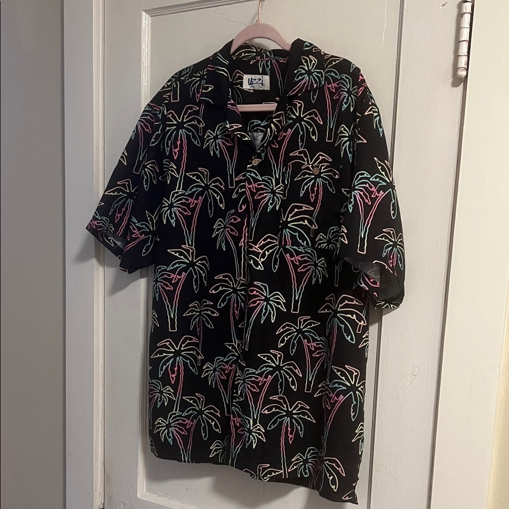Uzzi Amphibious Gear 80s Black Button Down with Neon Palm Trees